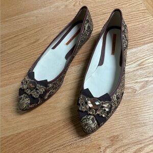 Via Spiga Brown Snakeskin Flats with Embellishments